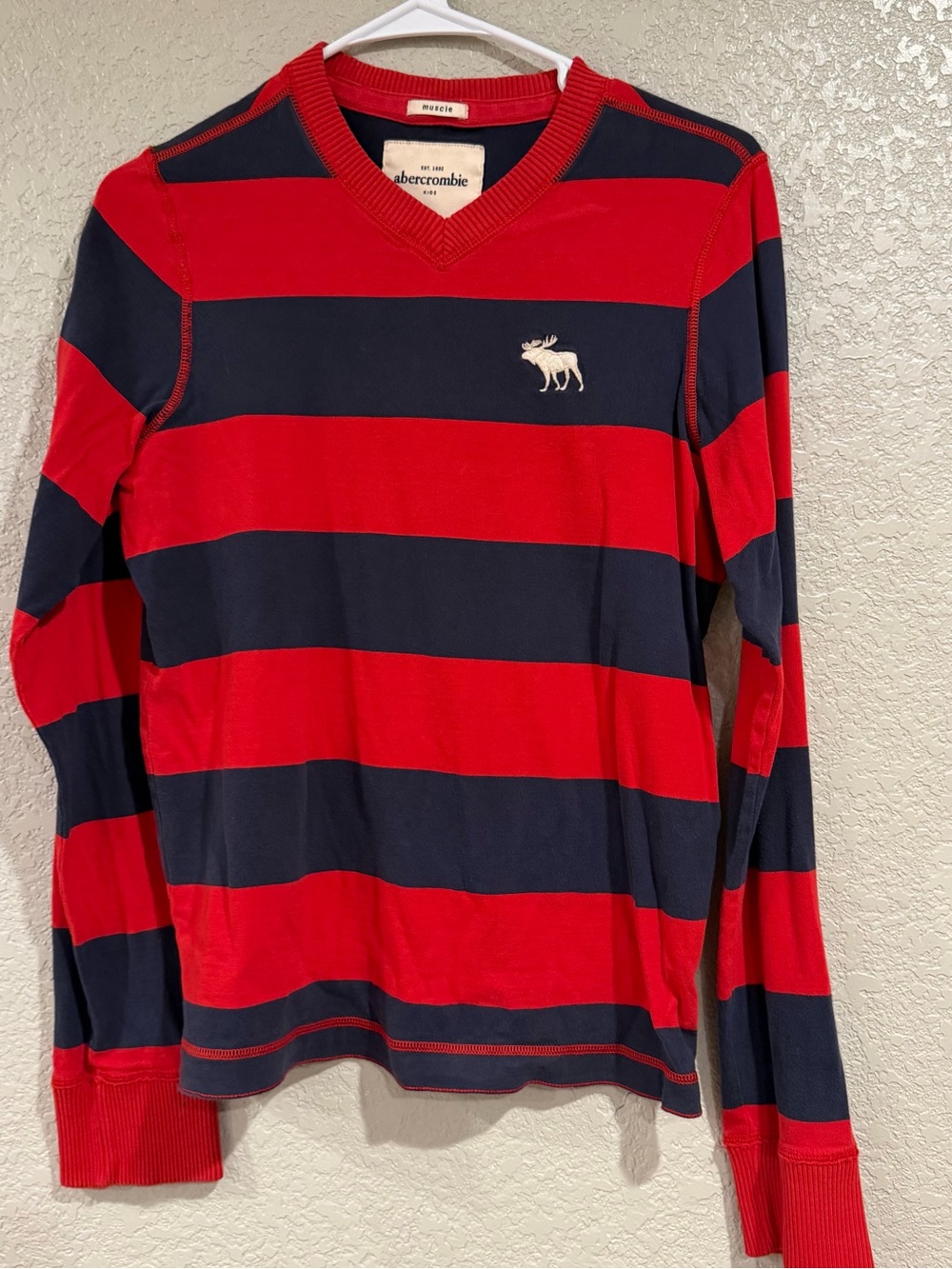 Abercrombie & Fitch Red and Navy Wide-Stripe V-Neck Long Sleeve Tee